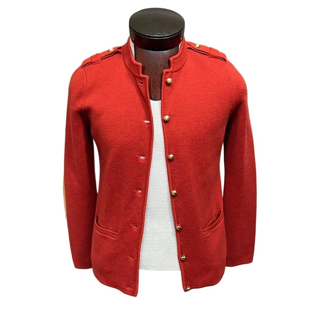 Talbots Wool Blend Military Knit Blazer Gold Button Rust Red Petite Medium